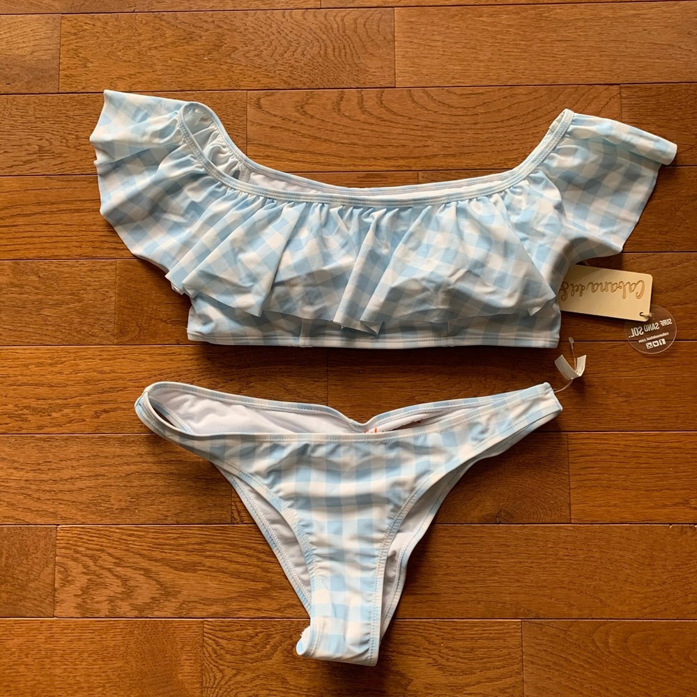 🎁Cabana Del Sol Gingham Blue/White Ruffle Bikini